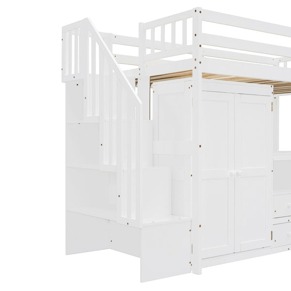 HomeRoots White Slat Wood Twin Loft Bed with Built-In Desk, Stairs, Drawers for Ultimate Space-Saving Style 606594