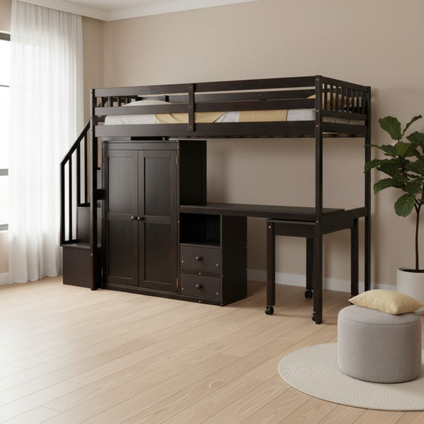 HomeRoots Espresso Slat Wood Twin Loft Bed with Integrated Desk, Stairs & Shelves for Space-Saving Style 606595