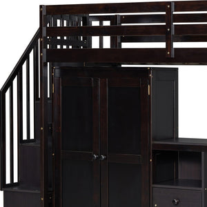 HomeRoots Espresso Slat Wood Twin Loft Bed with Integrated Desk, Stairs & Shelves for Space-Saving Style 606595