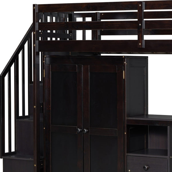 HomeRoots Espresso Slat Wood Twin Loft Bed with Integrated Desk, Stairs & Shelves for Space-Saving Style 606595