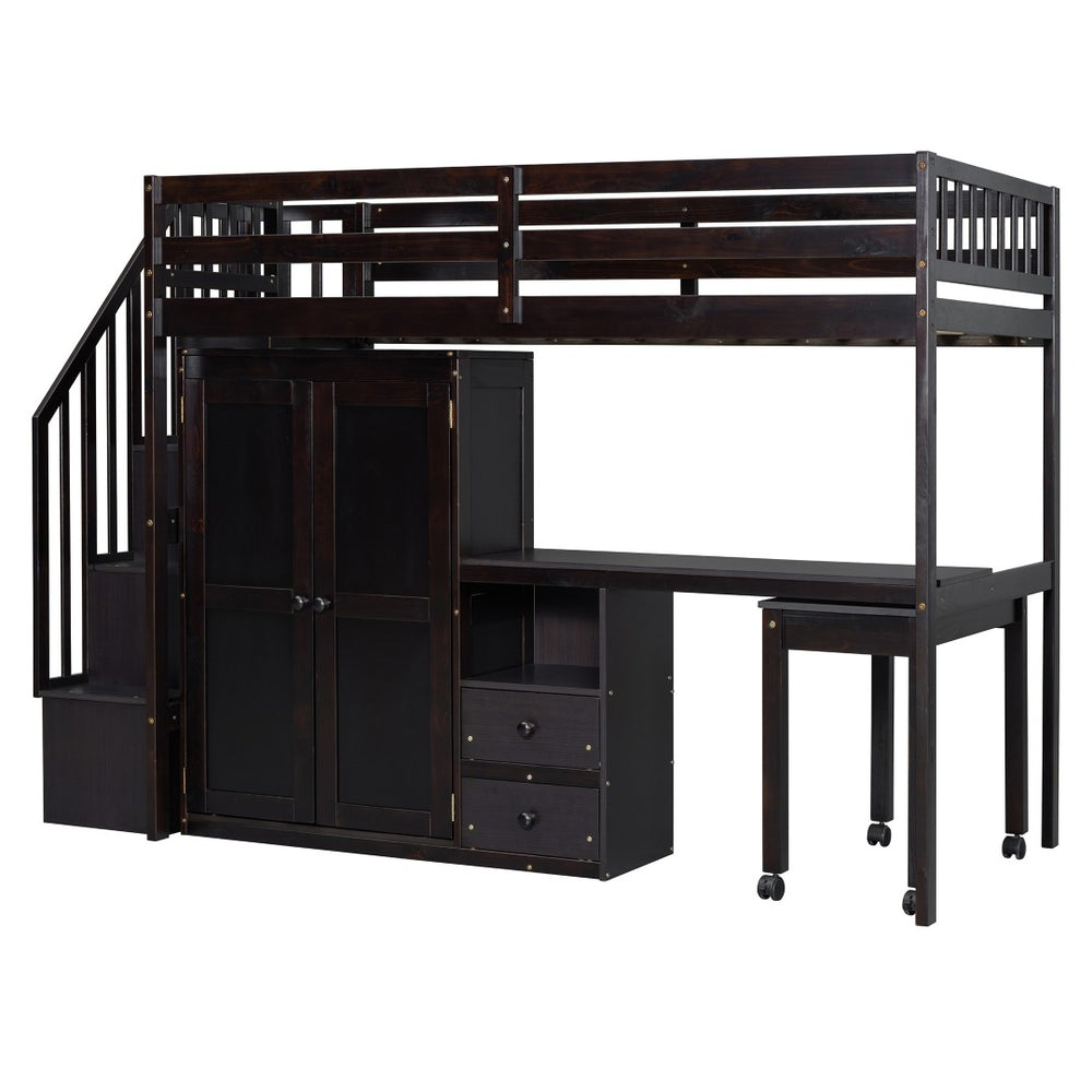 HomeRoots Espresso Slat Wood Twin Loft Bed with Integrated Desk, Stairs & Shelves for Space-Saving Style 606595