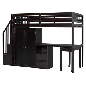 HomeRoots Espresso Slat Wood Twin Loft Bed with Integrated Desk, Stairs & Shelves for Space-Saving Style 606595