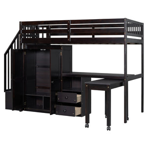 HomeRoots Espresso Slat Wood Twin Loft Bed with Integrated Desk, Stairs & Shelves for Space-Saving Style 606595