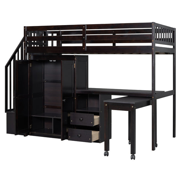 HomeRoots Espresso Slat Wood Twin Loft Bed with Integrated Desk, Stairs & Shelves for Space-Saving Style 606595