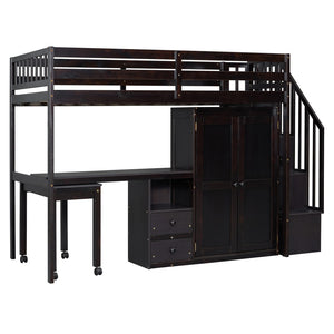 HomeRoots Espresso Slat Wood Twin Loft Bed with Integrated Desk, Stairs & Shelves for Space-Saving Style 606595