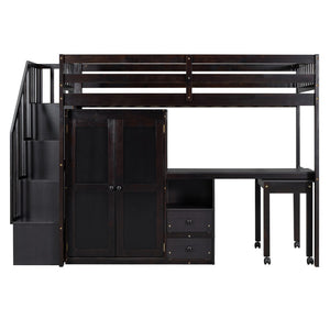 HomeRoots Espresso Slat Wood Twin Loft Bed with Integrated Desk, Stairs & Shelves for Space-Saving Style 606595