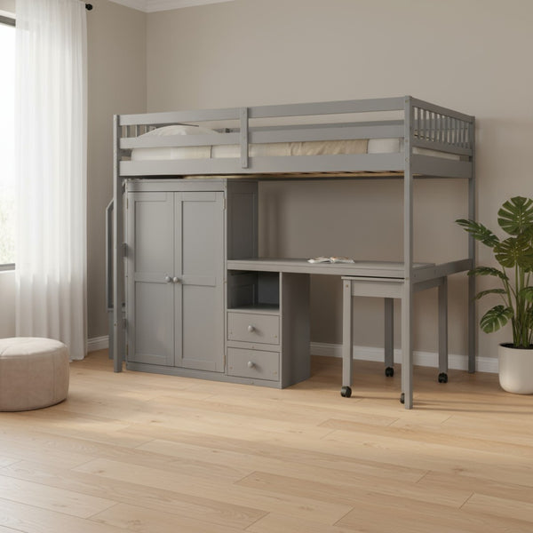 HomeRoots Gray Slat Wood Full Double Loft Bed with Integrated Desk, Stairs, Storage Drawers & Shelves 606596