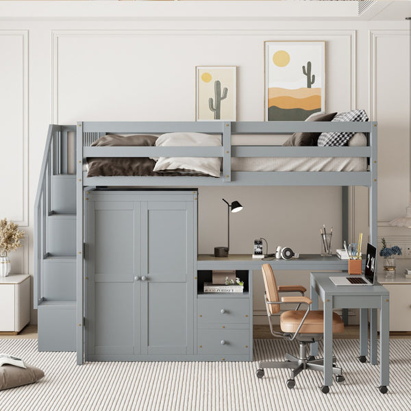 HomeRoots Gray Slat Wood Full Double Loft Bed with Integrated Desk, Stairs, Storage Drawers & Shelves 606596
