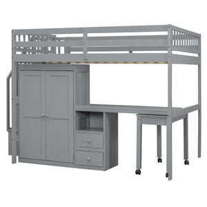 HomeRoots Gray Slat Wood Full Double Loft Bed with Integrated Desk, Stairs, Storage Drawers & Shelves 606596