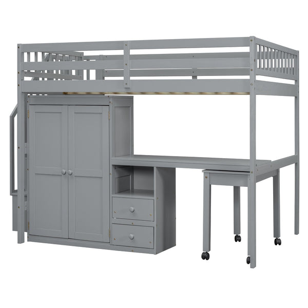 HomeRoots Gray Slat Wood Full Double Loft Bed with Integrated Desk, Stairs, Storage Drawers & Shelves 606596