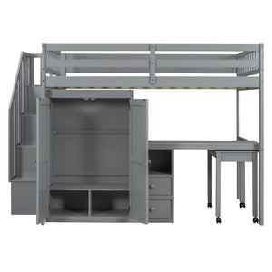 HomeRoots Gray Slat Wood Full Double Loft Bed with Integrated Desk, Stairs, Storage Drawers & Shelves 606596