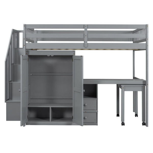 HomeRoots Gray Slat Wood Full Double Loft Bed with Integrated Desk, Stairs, Storage Drawers & Shelves 606596