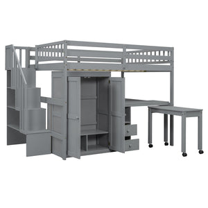 HomeRoots Gray Slat Wood Full Double Loft Bed with Integrated Desk, Stairs, Storage Drawers & Shelves 606596