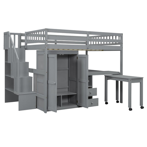 HomeRoots Gray Slat Wood Full Double Loft Bed with Integrated Desk, Stairs, Storage Drawers & Shelves 606596