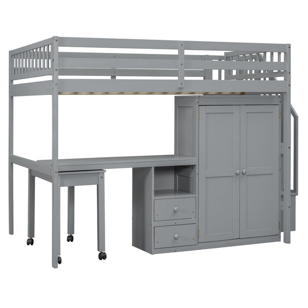 HomeRoots Gray Slat Wood Full Double Loft Bed with Integrated Desk, Stairs, Storage Drawers & Shelves 606596