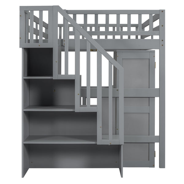 HomeRoots Gray Slat Wood Full Double Loft Bed with Integrated Desk, Stairs, Storage Drawers & Shelves 606596