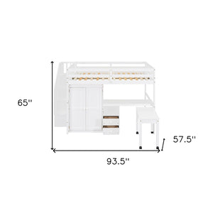 HomeRoots White Slat Wood Full Double Loft Bed with Integrated Desk, Shelves, and Storage Drawers for Kids 606597