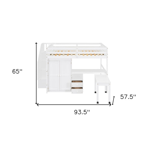 HomeRoots White Slat Wood Full Double Loft Bed with Integrated Desk, Shelves, and Storage Drawers for Kids 606597