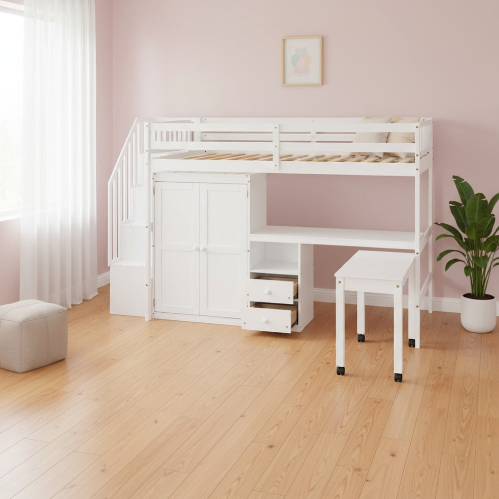 HomeRoots White Slat Wood Full Double Loft Bed with Integrated Desk, Shelves, and Storage Drawers for Kids 606597