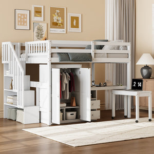 HomeRoots White Slat Wood Full Double Loft Bed with Integrated Desk, Shelves, and Storage Drawers for Kids 606597