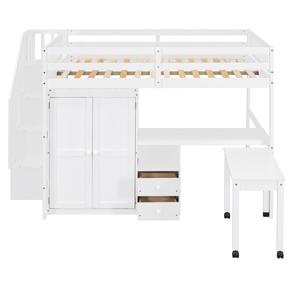 HomeRoots White Slat Wood Full Double Loft Bed with Integrated Desk, Shelves, and Storage Drawers for Kids 606597