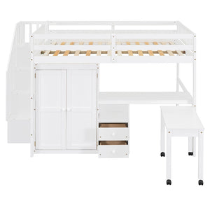 HomeRoots White Slat Wood Full Double Loft Bed with Integrated Desk, Shelves, and Storage Drawers for Kids 606597