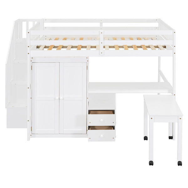 HomeRoots White Slat Wood Full Double Loft Bed with Integrated Desk, Shelves, and Storage Drawers for Kids 606597