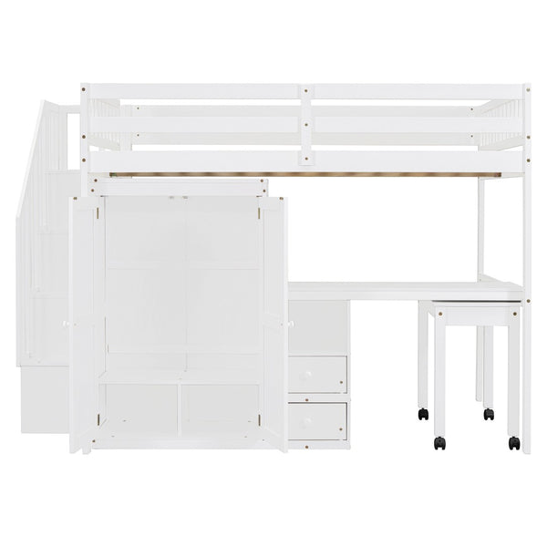 HomeRoots White Slat Wood Full Double Loft Bed with Integrated Desk, Shelves, and Storage Drawers for Kids 606597