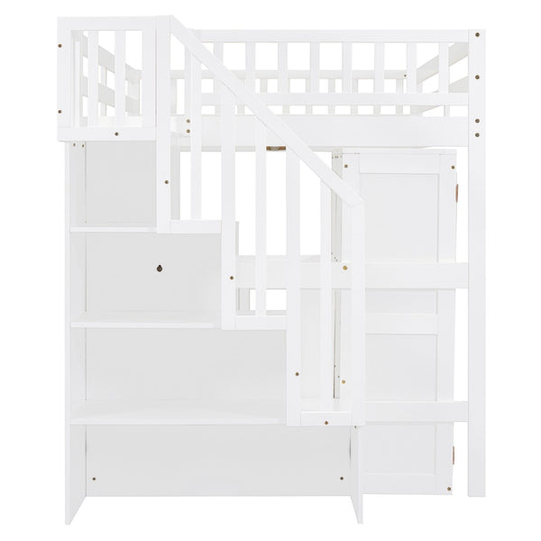 HomeRoots White Slat Wood Full Double Loft Bed with Integrated Desk, Shelves, and Storage Drawers for Kids 606597