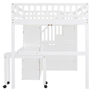 HomeRoots White Slat Wood Full Double Loft Bed with Integrated Desk, Shelves, and Storage Drawers for Kids 606597