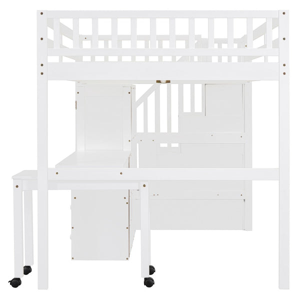 HomeRoots White Slat Wood Full Double Loft Bed with Integrated Desk, Shelves, and Storage Drawers for Kids 606597