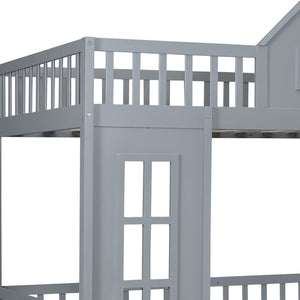 HomeRoots Gray Full Over Full Dollhouse Bunk Bed with Stairs, Desk, Storage – Safe, Stylish, Space-Saving Solution! 606599