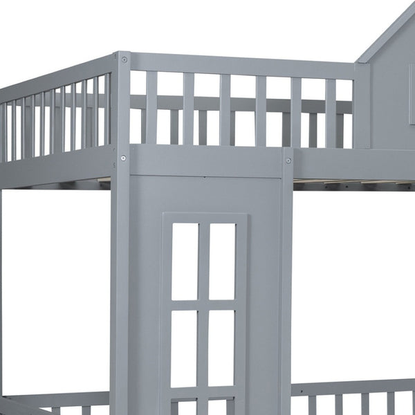 HomeRoots Gray Full Over Full Dollhouse Bunk Bed with Stairs, Desk, Storage – Safe, Stylish, Space-Saving Solution! 606599