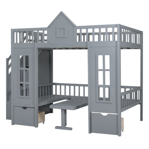 HomeRoots Gray Full Over Full Dollhouse Bunk Bed with Stairs, Desk, Storage – Safe, Stylish, Space-Saving Solution! 606599
