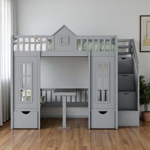 HomeRoots Gray Full Over Full Dollhouse Bunk Bed with Stairs, Desk, Storage – Safe, Stylish, Space-Saving Solution! 606599