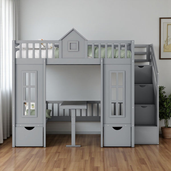 HomeRoots Gray Full Over Full Dollhouse Bunk Bed with Stairs, Desk, Storage – Safe, Stylish, Space-Saving Solution! 606599