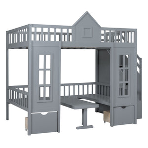 HomeRoots Gray Full Over Full Dollhouse Bunk Bed with Stairs, Desk, Storage – Safe, Stylish, Space-Saving Solution! 606599