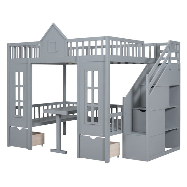 HomeRoots Gray Full Over Full Dollhouse Bunk Bed with Stairs, Desk, Storage – Safe, Stylish, Space-Saving Solution! 606599
