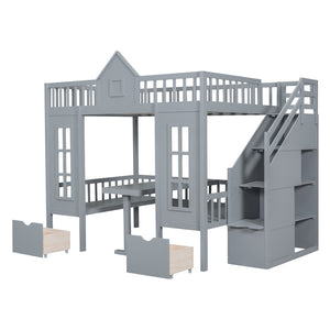 HomeRoots Gray Full Over Full Dollhouse Bunk Bed with Stairs, Desk, Storage – Safe, Stylish, Space-Saving Solution! 606599