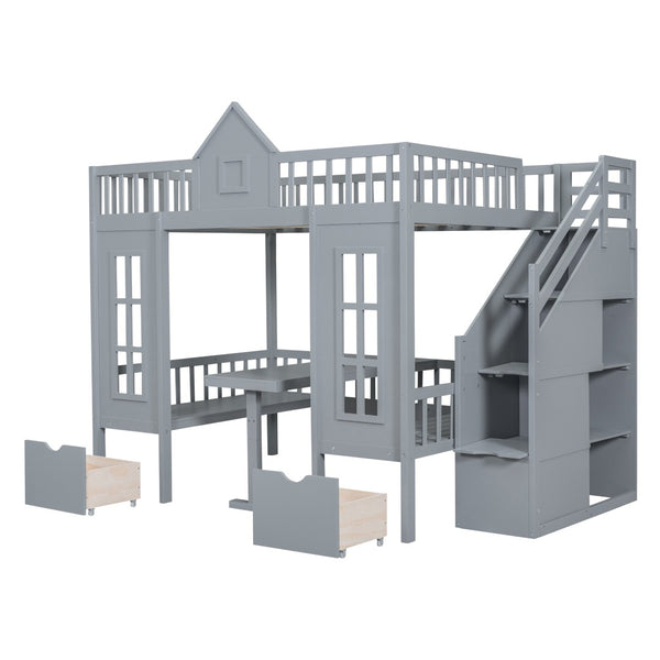 HomeRoots Gray Full Over Full Dollhouse Bunk Bed with Stairs, Desk, Storage – Safe, Stylish, Space-Saving Solution! 606599