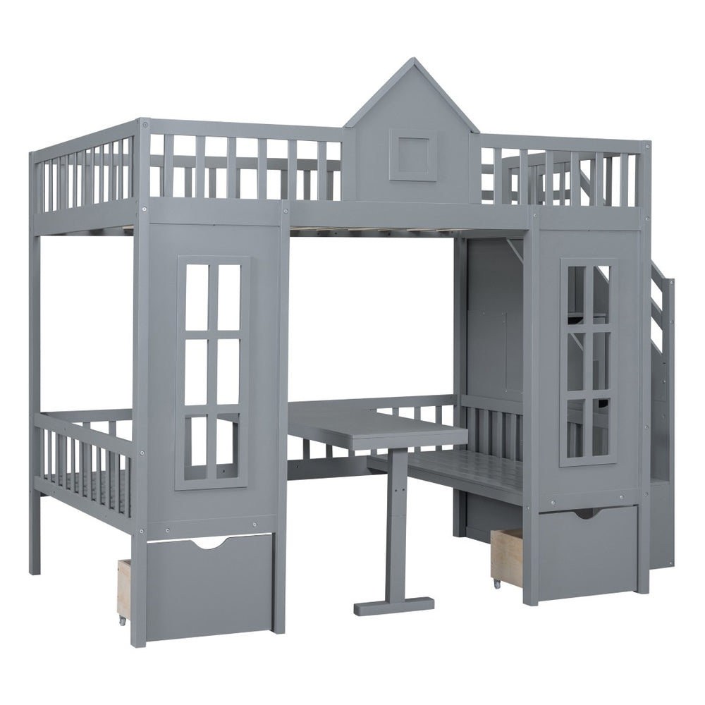 HomeRoots Gray Full Over Full Dollhouse Bunk Bed with Stairs, Desk, Storage – Safe, Stylish, Space-Saving Solution! 606599