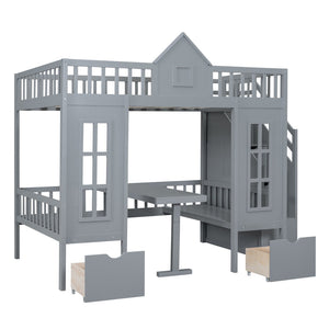 HomeRoots Gray Full Over Full Dollhouse Bunk Bed with Stairs, Desk, Storage – Safe, Stylish, Space-Saving Solution! 606599