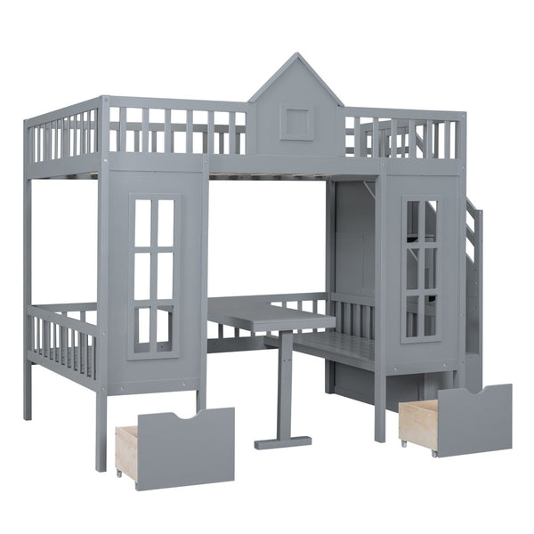 HomeRoots Gray Full Over Full Dollhouse Bunk Bed with Stairs, Desk, Storage – Safe, Stylish, Space-Saving Solution! 606599