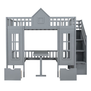 HomeRoots Gray Full Over Full Dollhouse Bunk Bed with Stairs, Desk, Storage – Safe, Stylish, Space-Saving Solution! 606599