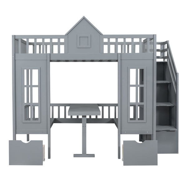 HomeRoots Gray Full Over Full Dollhouse Bunk Bed with Stairs, Desk, Storage – Safe, Stylish, Space-Saving Solution! 606599