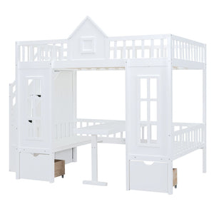 HomeRoots White Full Over Full Dollhouse Bunk Bed with Stairs, Desk, Storage Drawers for Kids’ Rooms 606600