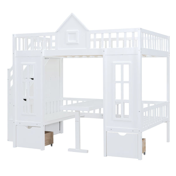 HomeRoots White Full Over Full Dollhouse Bunk Bed with Stairs, Desk, Storage Drawers for Kids’ Rooms 606600