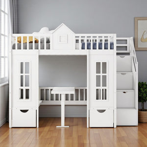 HomeRoots White Full Over Full Dollhouse Bunk Bed with Stairs, Desk, Storage Drawers for Kids’ Rooms 606600