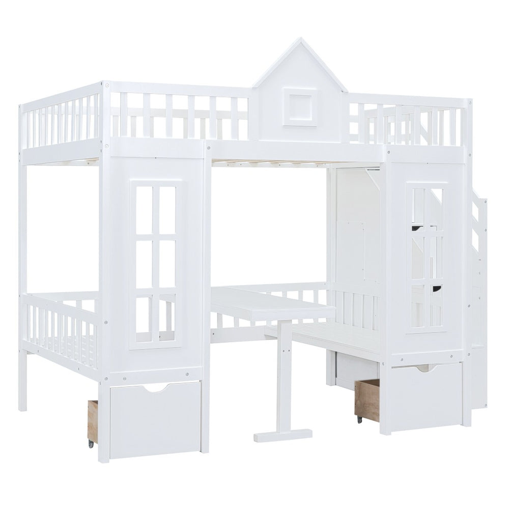 HomeRoots White Full Over Full Dollhouse Bunk Bed with Stairs, Desk, Storage Drawers for Kids’ Rooms 606600