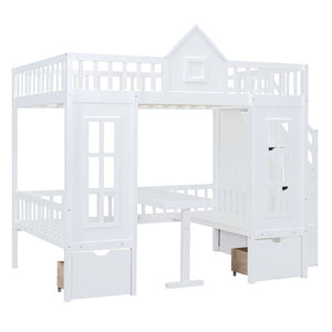 HomeRoots White Full Over Full Dollhouse Bunk Bed with Stairs, Desk, Storage Drawers for Kids’ Rooms 606600
